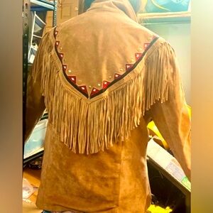 Fringed Suede Jacket with Red &Black Beadwork Accents, Size xL